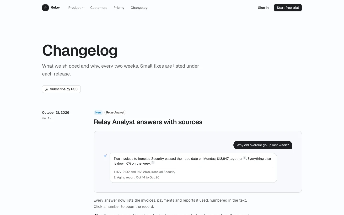 Changelog page screen from Prodular UI
